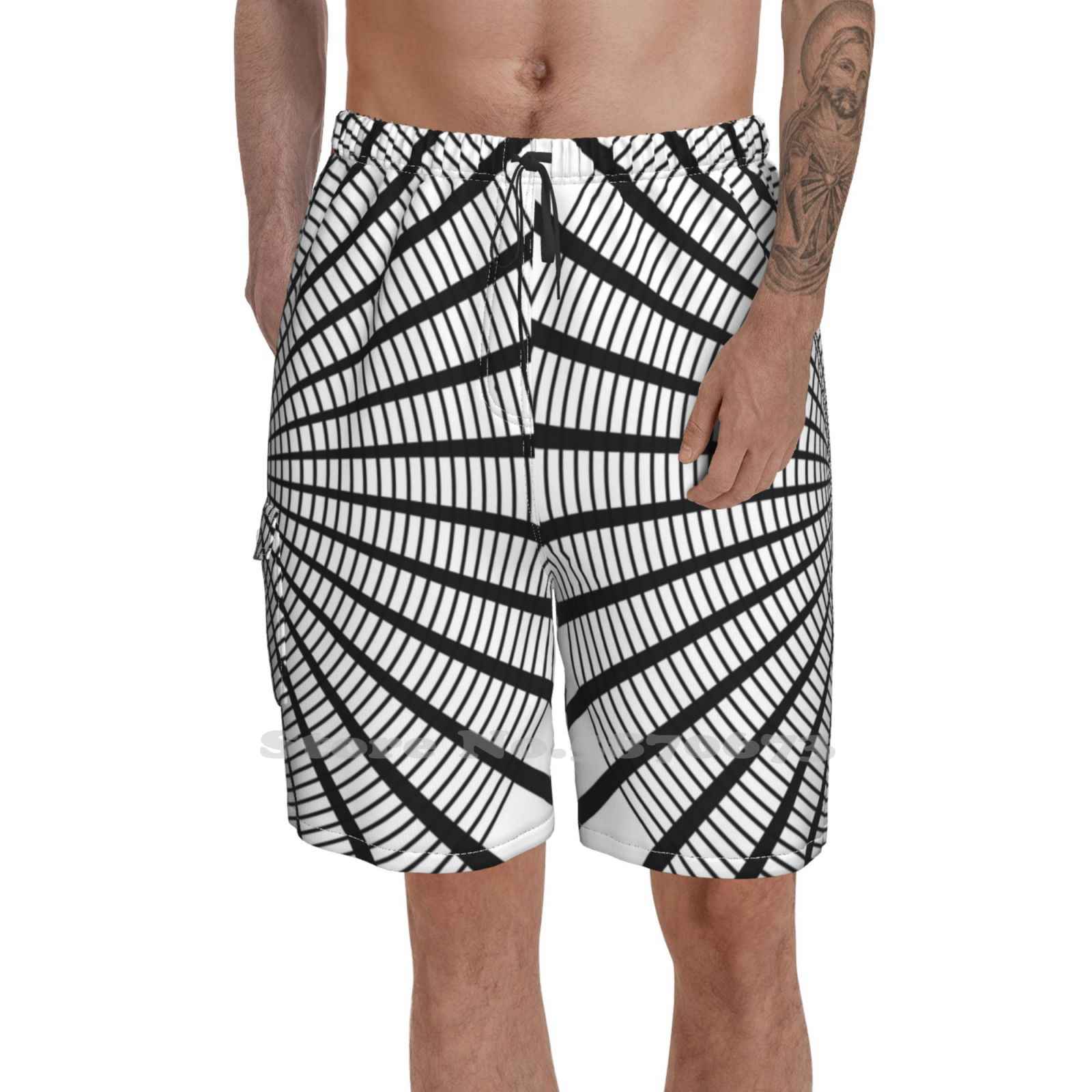 Black And White Spin Summer Mens Casual Shorts Gym Training Ruth Palmer Geometric Black And White Circle Lines Spin Polar