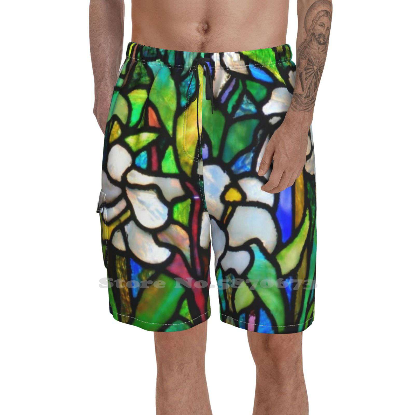 Louis Comfort - Stained Glass 18. Flowers Men'S Fashion Shorts Sports Shorts Stained Glass Flowers Green Art History Master