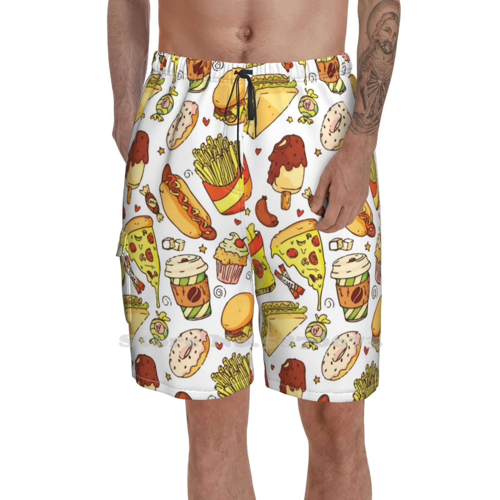 Running Fitness Sports Shorts Food Hamburger Hotdog Pattern Testy Junk Love