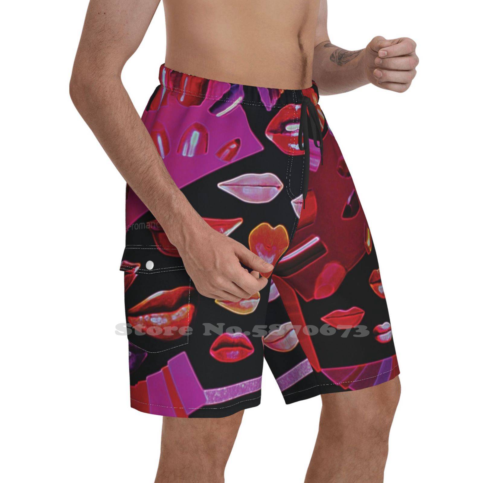 Synthetic Aesthetic Fashion New Men'S Beach Shorts Lips Kiss Glam Makeup Cosmetics Lipstick Mouth Retro Sexy Pretty Beauty
