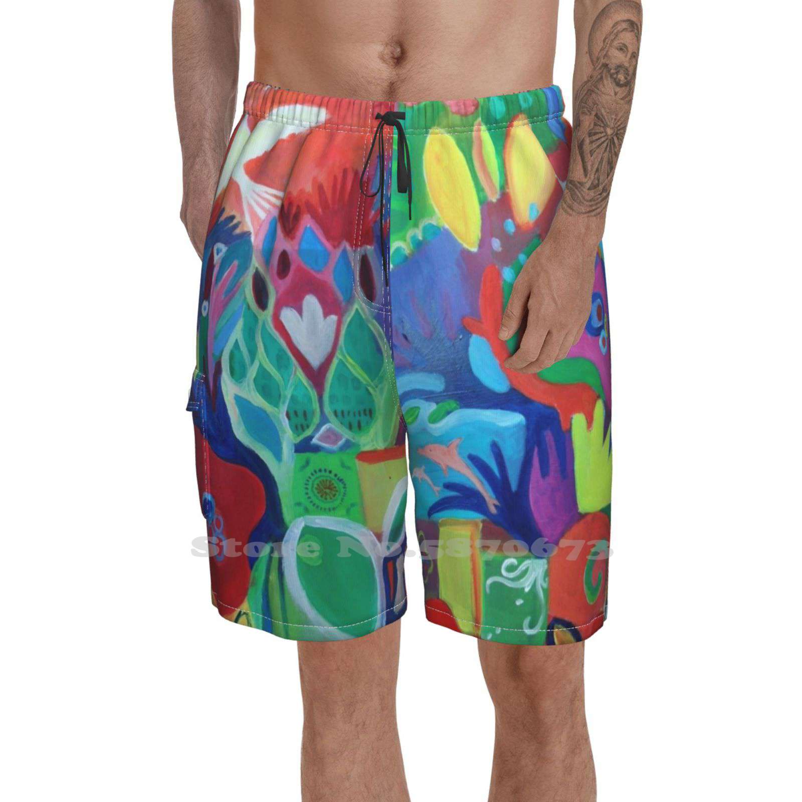 Breathable Personality Holiday Beach Shorts Acrylic Flowers Dolphin Bird Red Orange Yellow Purple Dream Harmony Forms Colours