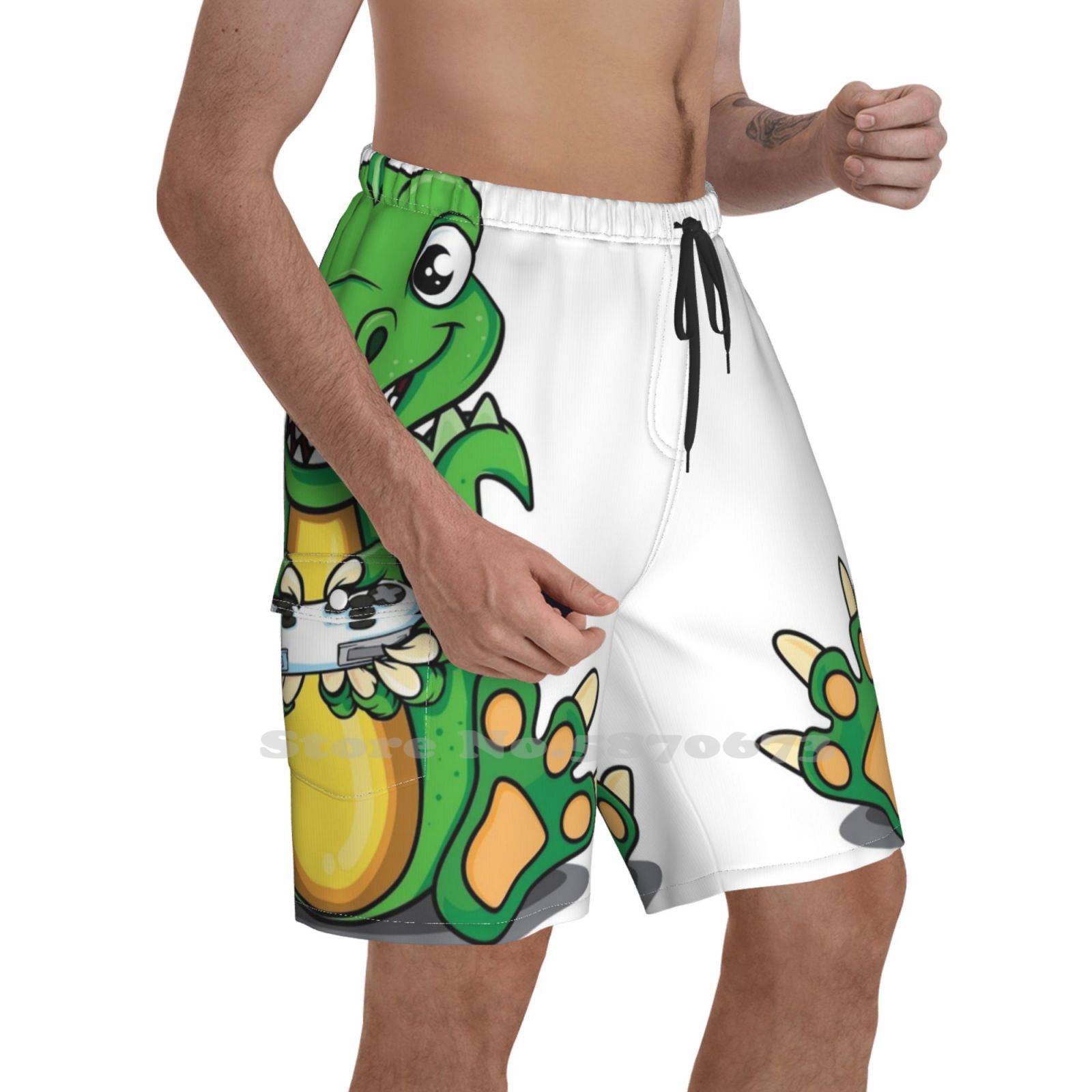 Cute Dinosaur With Gaming Controller Funny Dinosaurs Lover Breathable Personality Holiday Beach Shorts Cute Cool Gaming