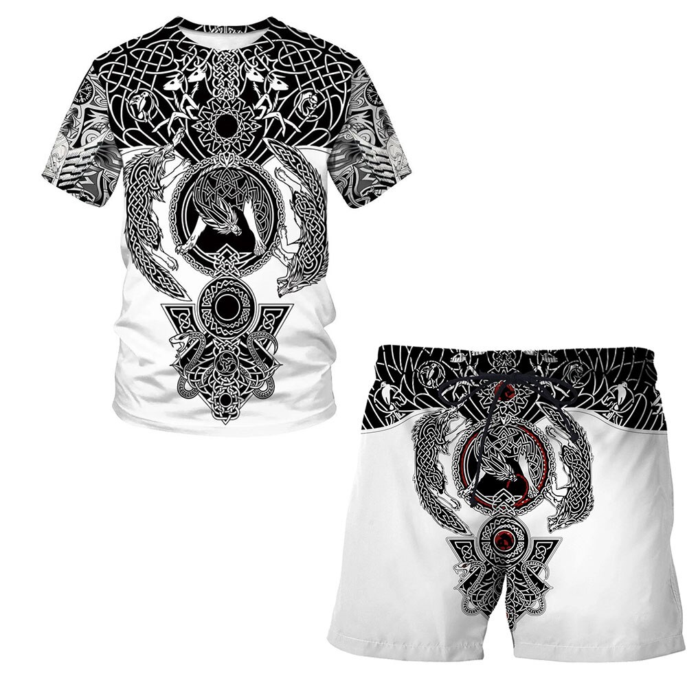 New summer men's Viking 3D symbol - Tattoo casual wear digital printing sportswear round neck loose men's short-sleeve