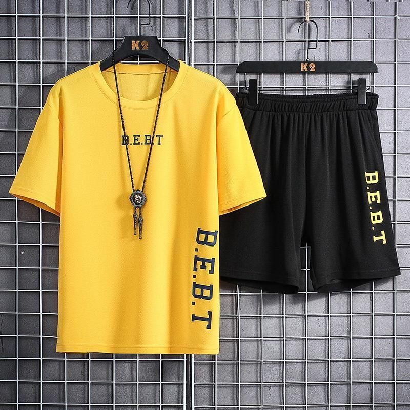 2021 new men's short-sleeved suit high-quality summer ice silk round neck sports leisure running quick-drying suit