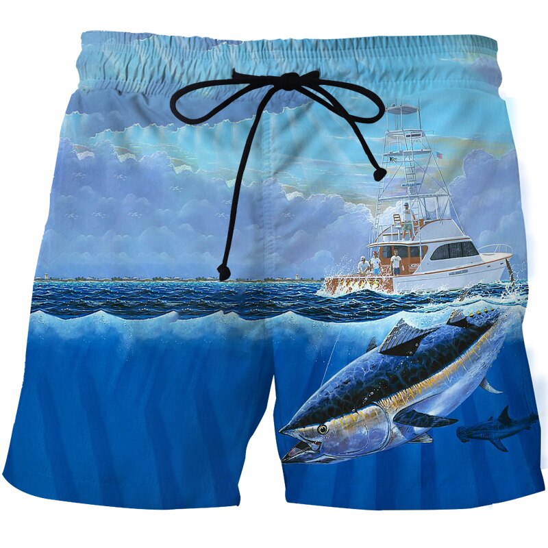 The latest hot sale HD 3D fish rod printing animation beach board quick-drying men's casual running shorts fishing pants un