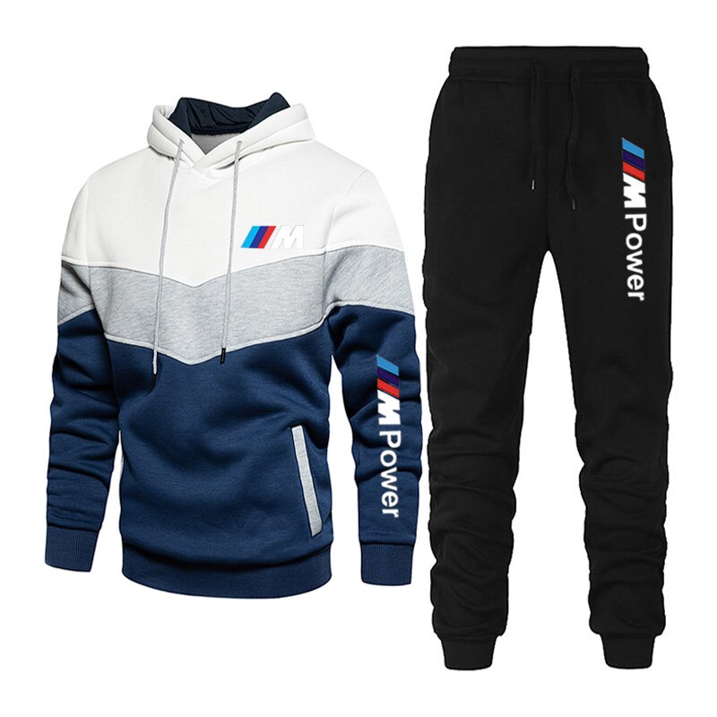 Men Patchwork Sweatshirt Set Hoodies Loose Streetwear Autumn Winter Fashion Outwear + Pants 2 Piece Sets