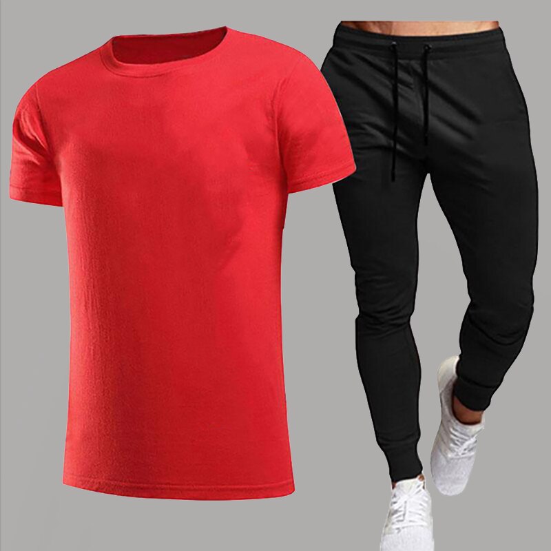 Men's Sets Summer New Solid Color Round Neck T-Shirt Trend Pants Men's Fitness Exercise Sports Leisure Two Piece Set