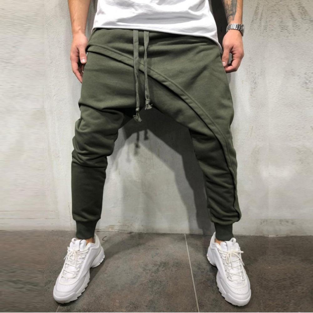 Fashion Men Harem Pants Solid Color Drawstring Asymmetric Double Layer Long Running Jogger Baggy 2021 Pants For Men's Cloth