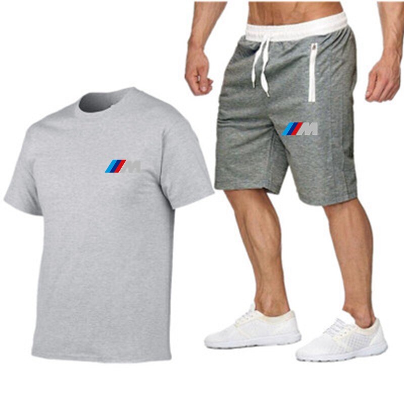 2021 summer men's T-shirt suit men's sports fitness BMW printed short sleeve men's 2-piece suit