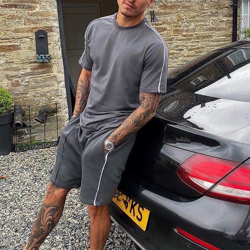 Puimentiua 2021 Summer Solid Short Sleeve Casual Sport Suit Two Piece T-shirt Shorts Tracksuit Men Set Fitness Bodybuilding