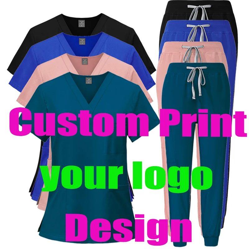 Custom Print Logos Name Scrubs Sets Spa Salon Women Men's Work Wear Surgical Customized Enfermeria Uniform Nursing Medical 