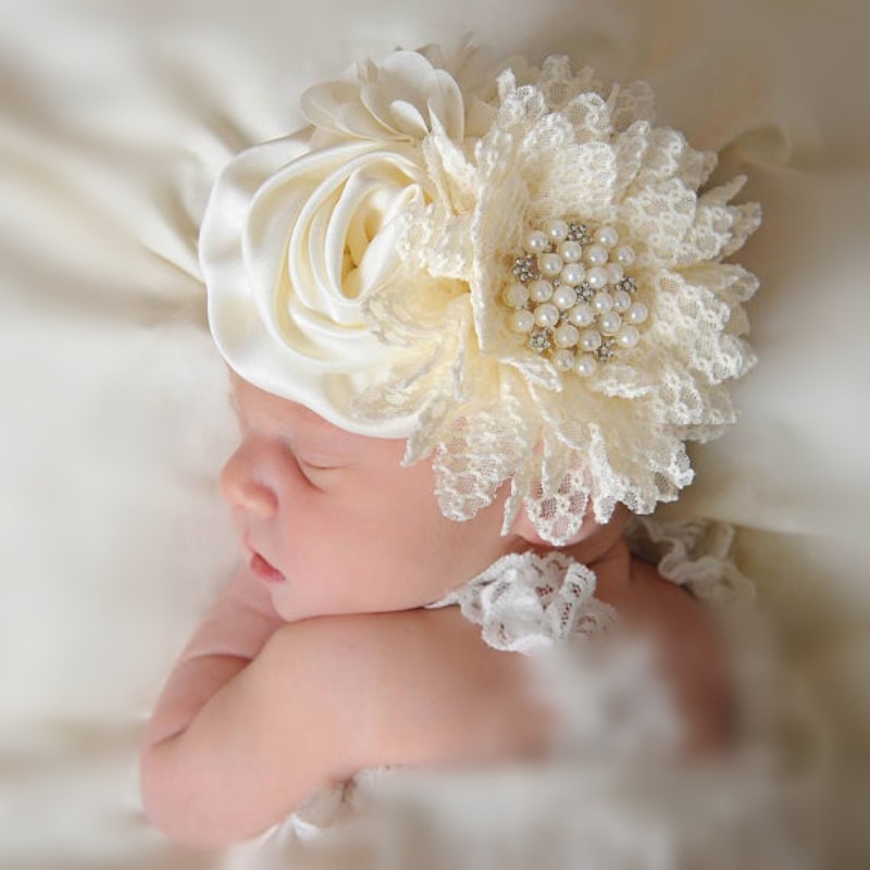 Baby Girls Pearl Flower Headband with Lace Wide Headbands Newborn Infant Photography Props Hair Accessories Kids Turban
