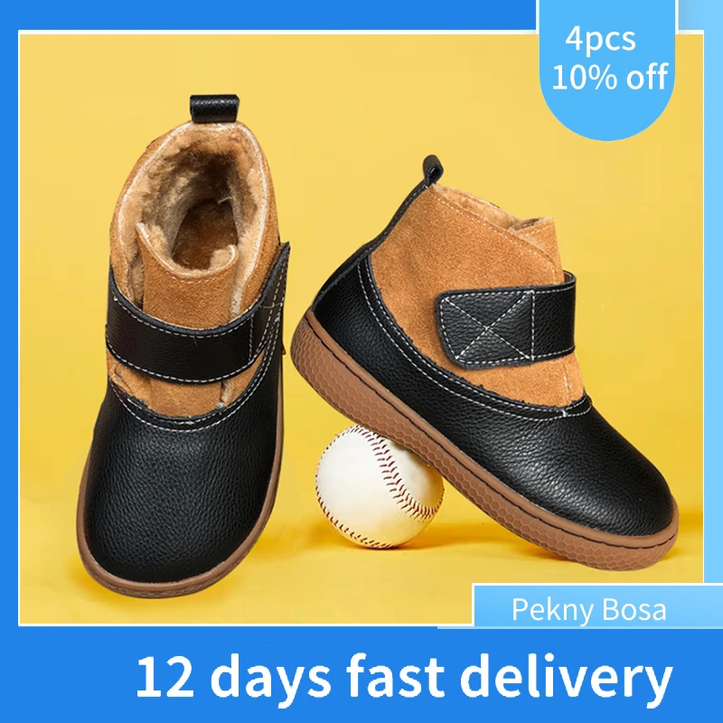 PEKNY BOSA winter children snow boots genuine leather girl boots plus warm boy shoe barefoot shoes kids soft bottom wide toes