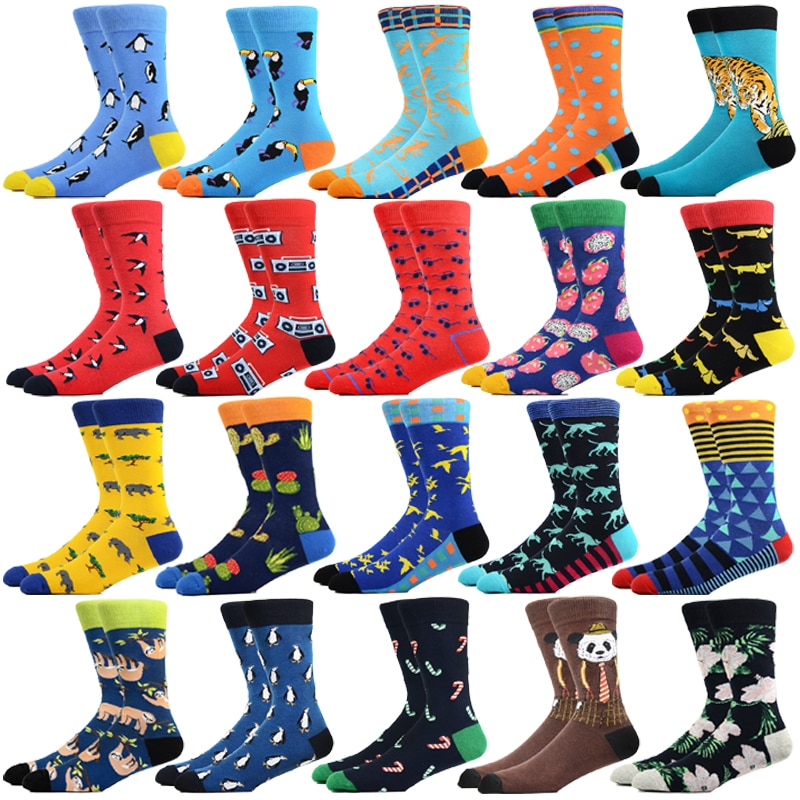 Happy Fun Men's Socks Fashion Pattern Cactus Dragon Fruit Tiger Penguin Swallow Parrot Skateboard Funny Animal Socks Colorf