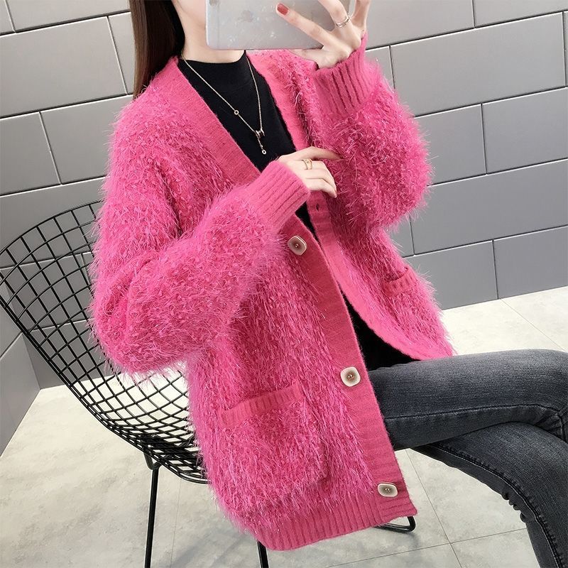 Rose Red Faux Fur Winter Autumn Women Sweaters Trendy Furry Plush Long Loose Korean Oversized Jacket Sweater Tops Overcoat