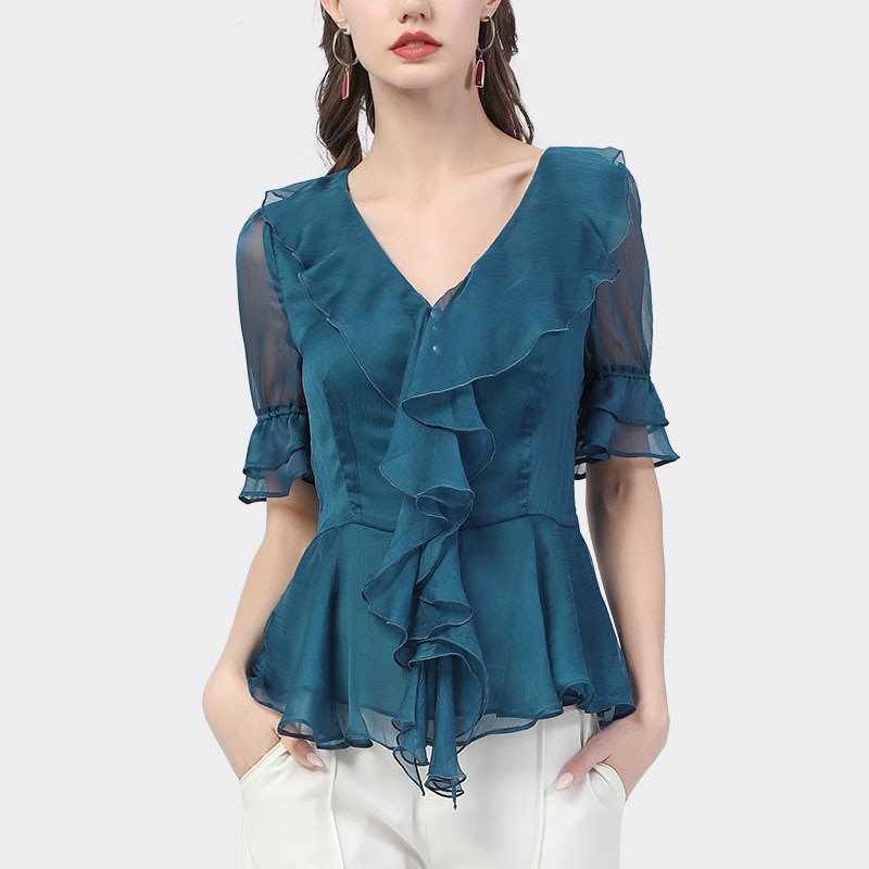Chiffon Shirt Women Clothing Summer Ruffles V-Neck Tops Elegant Short Sleeve Peplum Blouses Plus Size 2021 New Ladies Slim Shirt