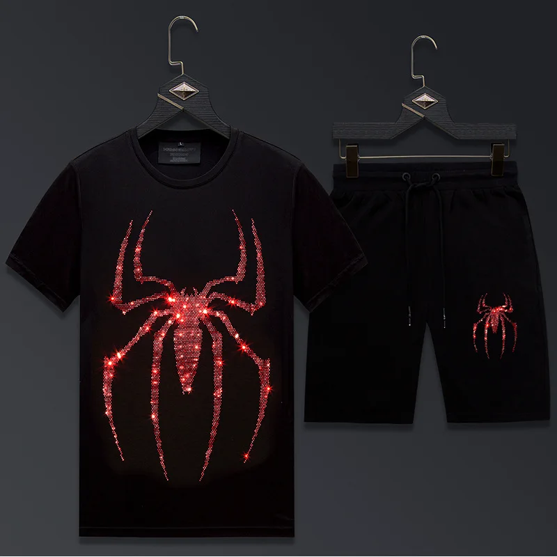 2024 Men Clothing Sportswear Spider Rhinestones Summer Suit Fitness Mens Track Suit Set 2 Pieces Casual Jogger Set Plus Size 6XL