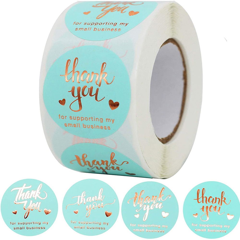 100-500pcs New Round Gold Foil Light Blue "Thank You" Sticker 1 inch Decor Sealing Bronzing Labels for Business Gift B