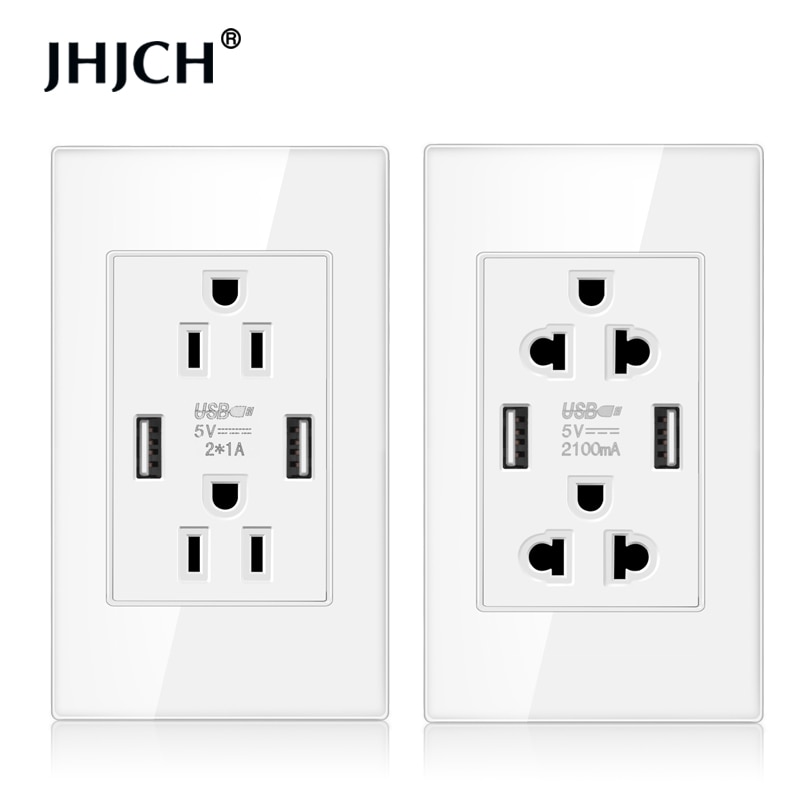 JHJCH tempered glass American multi-function socket, 2.1A dual USB power adapter socket, 15A American standard duplex socket
