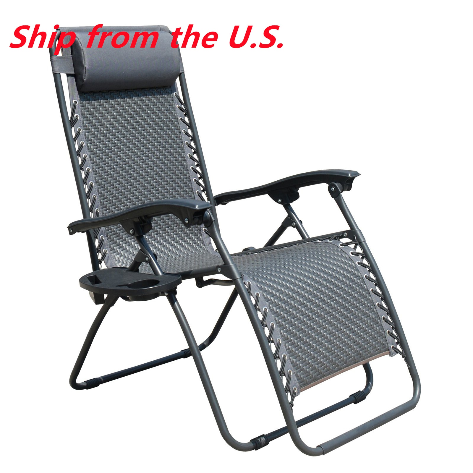 Outdoor Recliner Adjustable Folding Patio Lounge Chair w/Pillows and Cup Holder Trays for Beach Lawn(Shipping from USA)