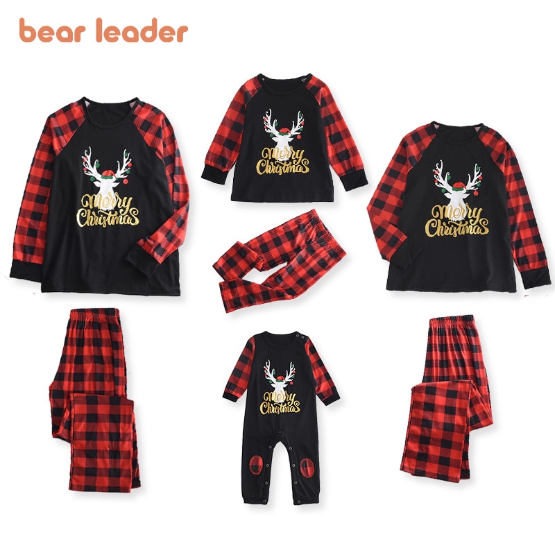 Bear Leader Christmas Father Mother Kids Clothes Top+Pants Family Matching Outfit Lattice Xmas Sleepwear Pj's Set Baby Romp