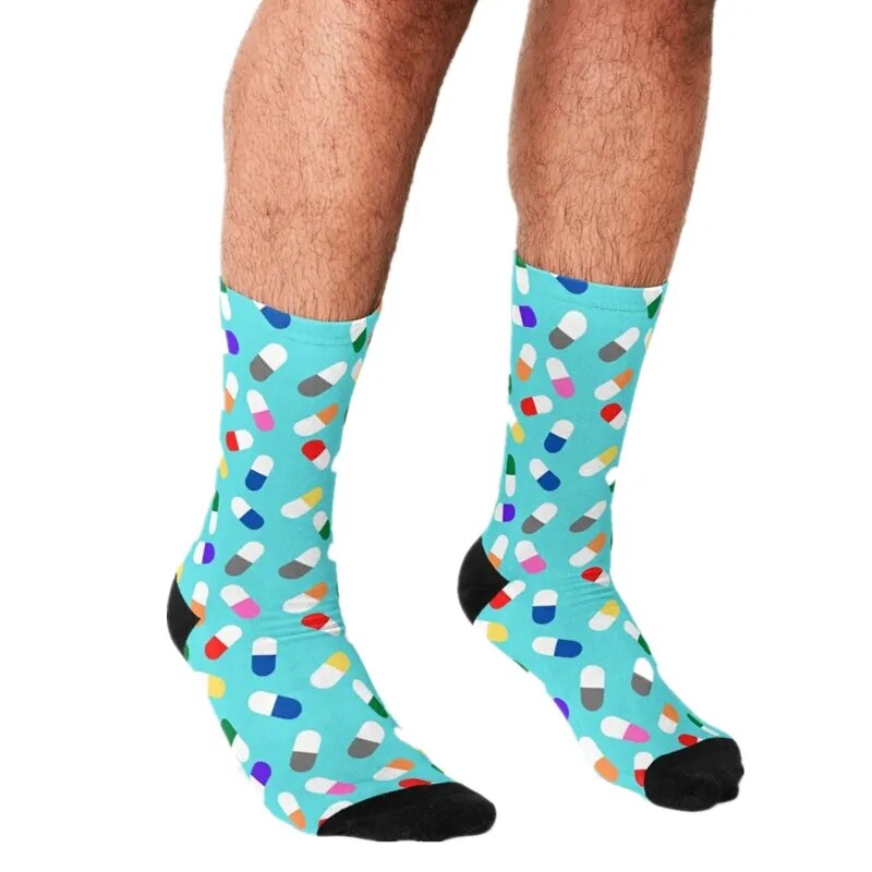 Funny Men's socks harajuku Colorful Pills Printed hip hop Men Happy Socks cute boys street style Crazy Socks for men