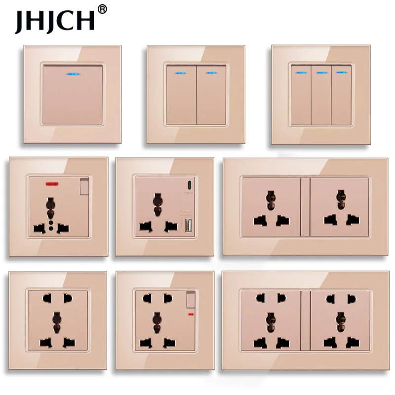 JHJCH crystal glass panel 146*86mm 3-hole universal switch socket and neon light + USB charging port output 5 v 2.1A