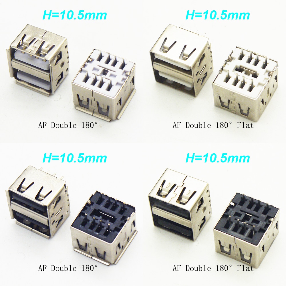 5PCS Dual USB 2.0 Jack Female 180 Degree USB Connector Black/White Body 8PIN DIP Charging Socket H=10.5MM Curled/Flat Mouth