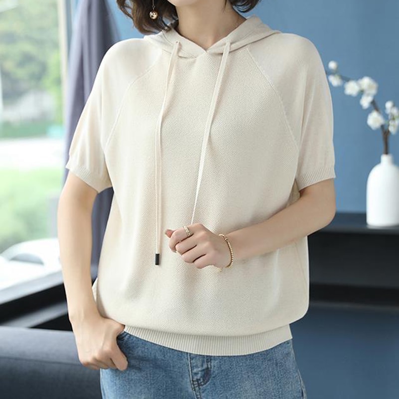 2021 Summer Hooded Knitted Thin Women Sweater Solid Tops Casual Short Sleeve Women Clothing White All-match Pullovers Pull Femme