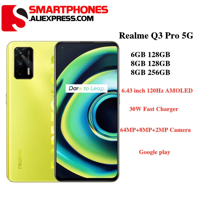 Realme Q3 Pro 5G Mobile Phone Dimensity 1100 Octa Core 6.43" AMOLED 120Hz Refresh rate 64MP Camera 30W Fast Charge Smartpho