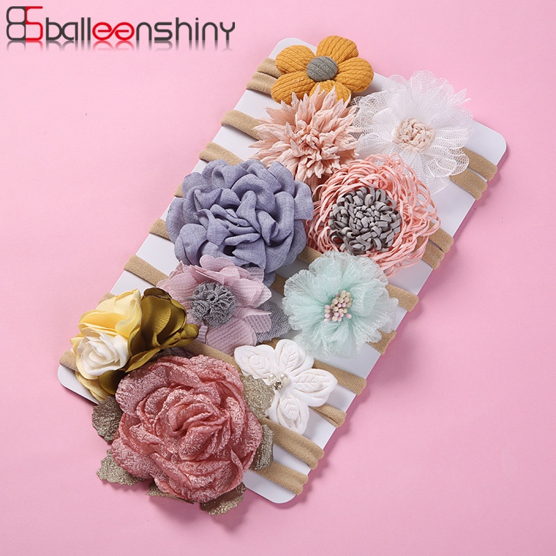 Balleenshiny 10pcs Children's Bowknot Headdress Pearl Flower Nylon Headband Baby Soft Headband Kawaii Accessories Kids Head