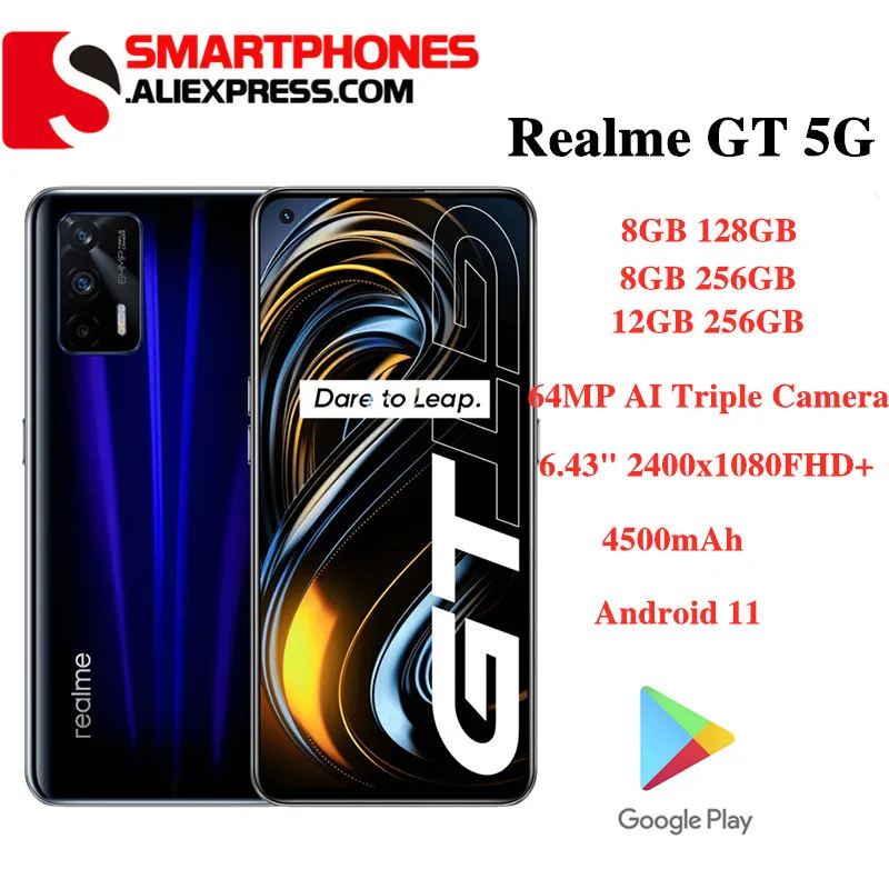 Realme GT 5G Smart Phone Snapdragon 888 NFC Android 11 120Hz 6.43'' Super AMOLED Screen 3D Glass Body 4500mAh 65W Supe