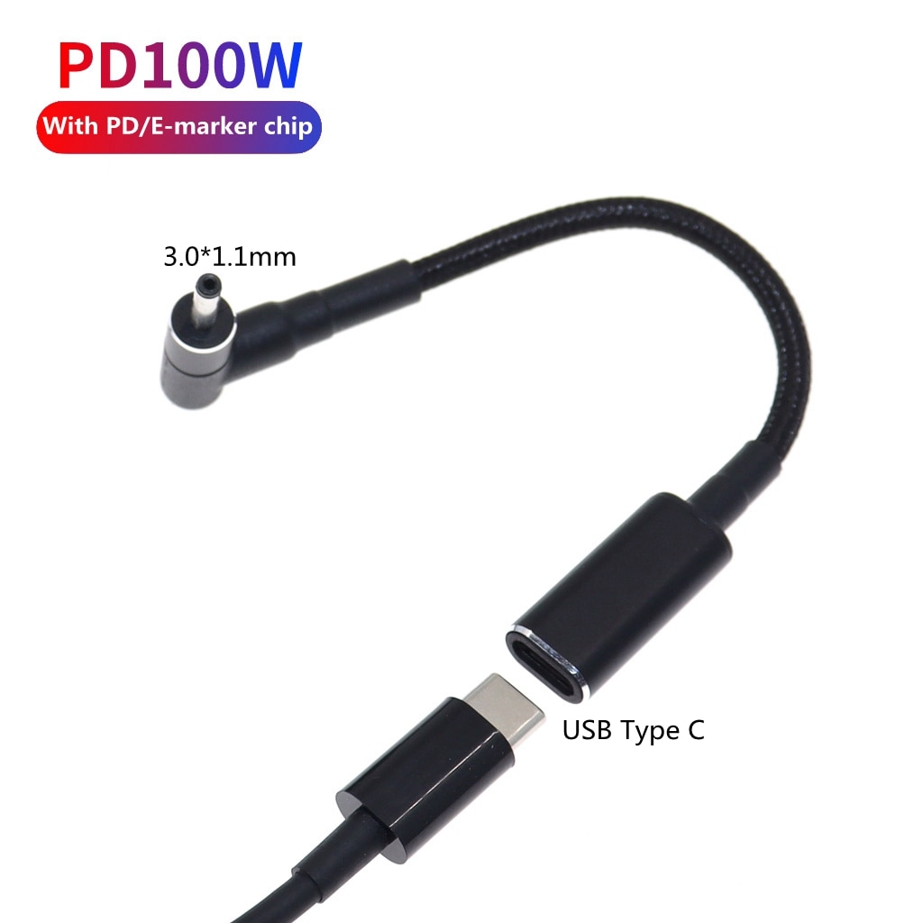 USB Type C Female to 3.0x1.1mm Male Plug Converter 100W USB C PD Fast Charging Cable for Acer Asus Laptop Charger DC 3.0*1.1