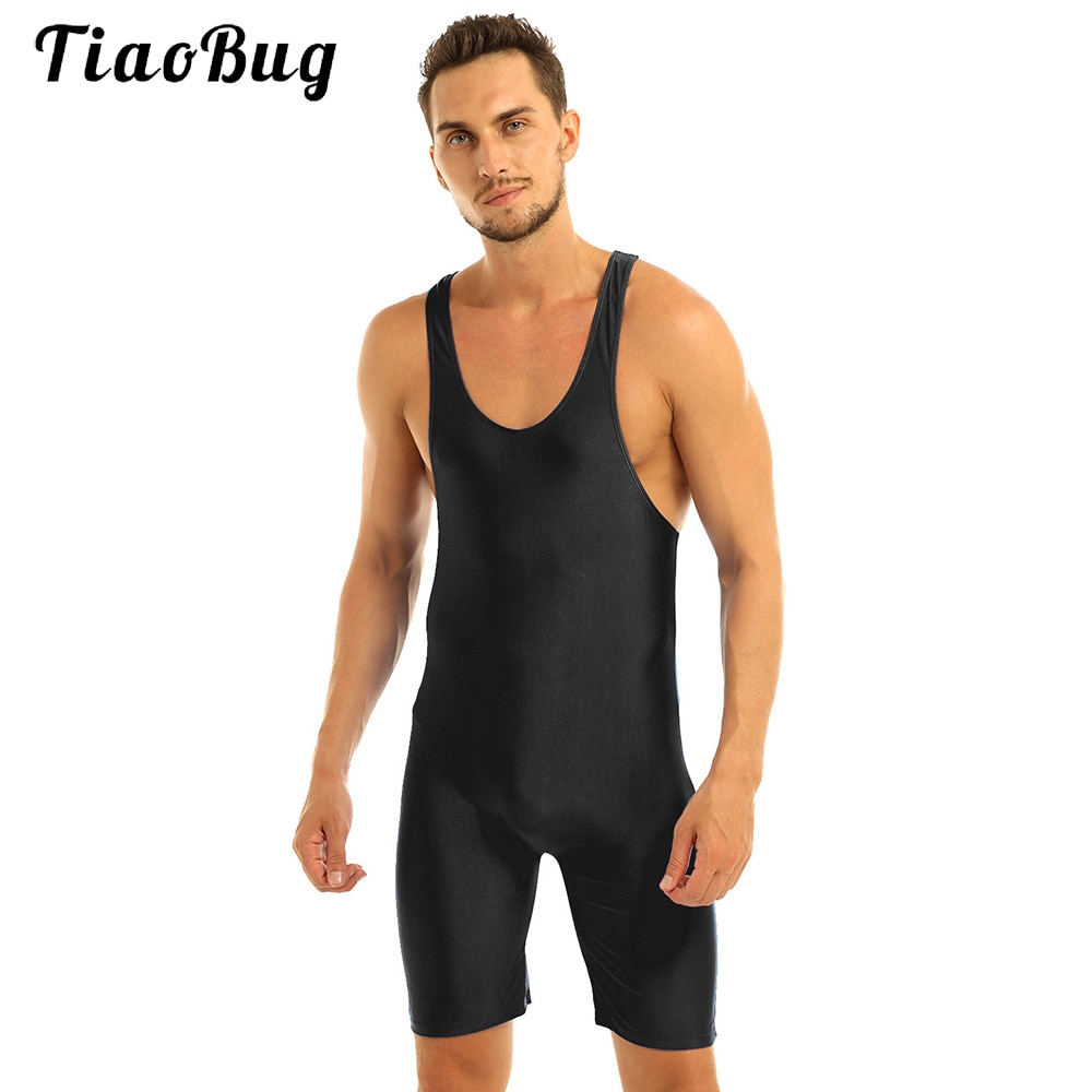 Men Casual Home Bodysuit Jumpsuit Pajama Sleepwear Sleeveless Stretchy Wrestling Singlet Solid Color Sports Biketard Loungewear