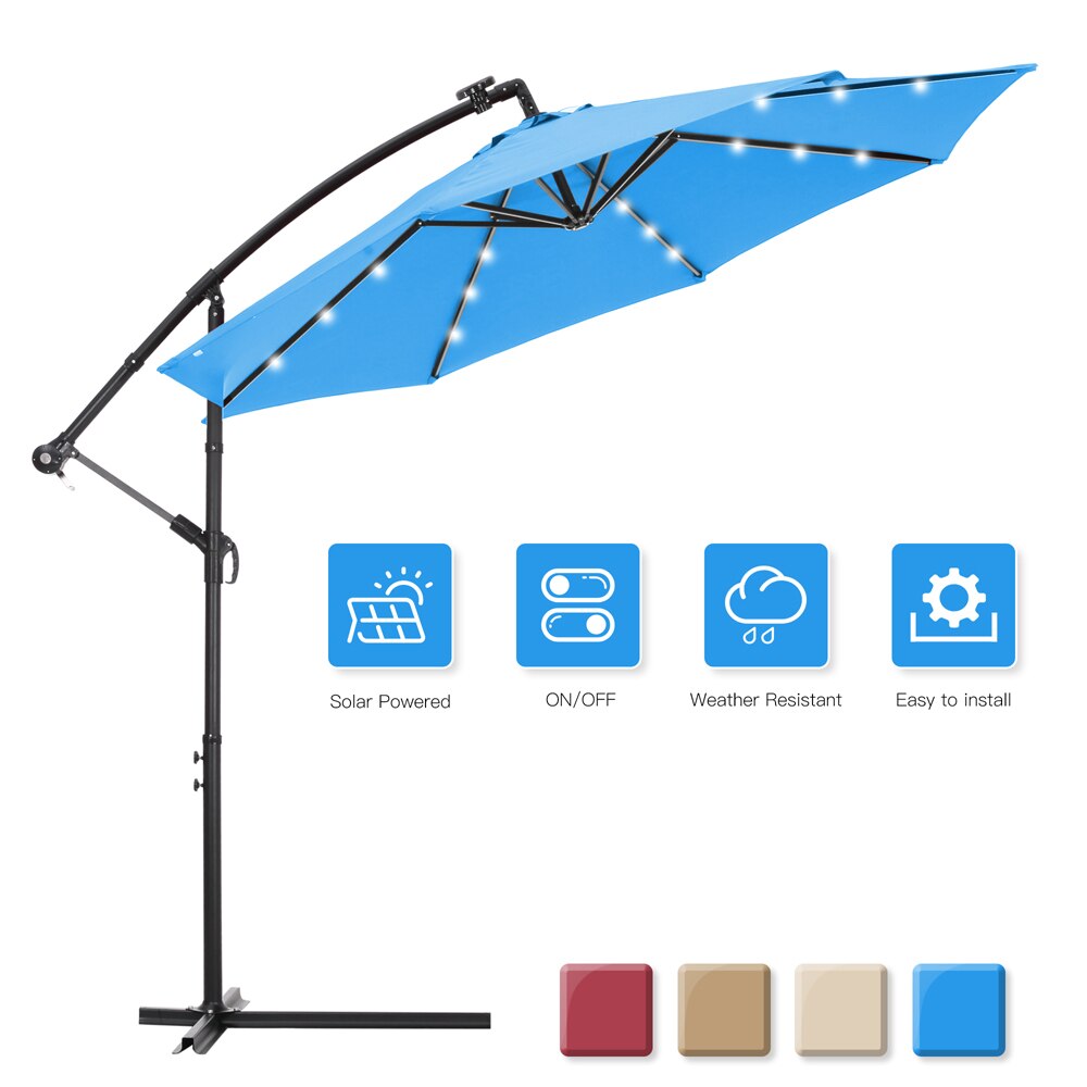 Outdoor Hanging Cantilever Offset Umbrella 10 FT Steel Polyester Solar Patio Easy Open Adjustment 24 LED 4-Color[US-Stock]