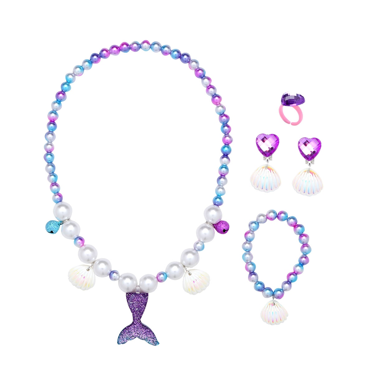 5Pcs Kids Girls Princess Accessories Mermaid Taile Pearl Necklace Bracelet Ear Clip Ring Set Girl Accessory Cosplay Jewelry Sets