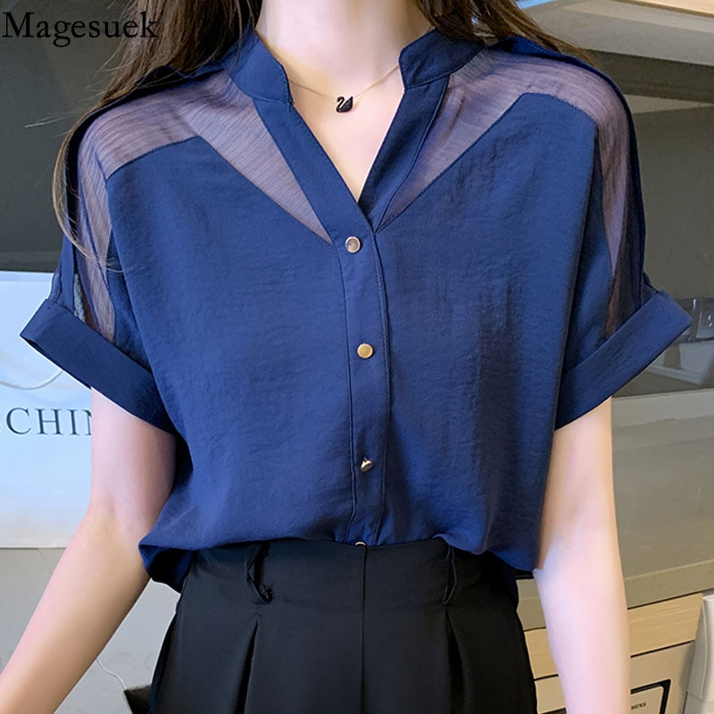 Fashion Casual Women Blouse Office Lady New V-neck White Shirt Solid Short Sleeve Mesh Tops Clothing Blusas Mujer De Moda 9635