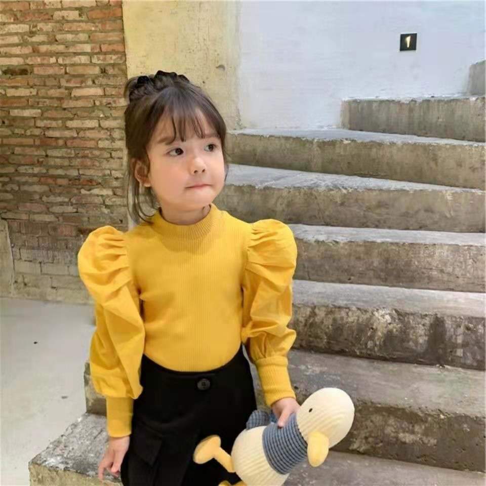Children's Puff Sleeve Thread Bottoming Shirt 2020 Autumn Retro Stitching Top Baby Stand-up Collar T-shirt