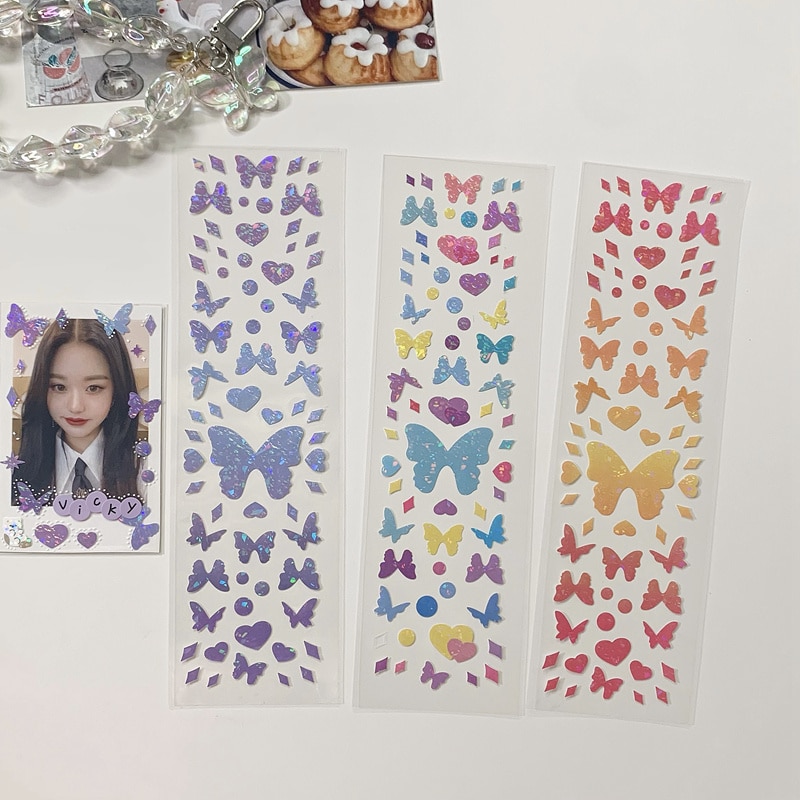 1Pc Gradient Color Butterfly Heart Gold Silver Stamping PVC Material Stickers Scrapbooking Creative DIY Deco Stationery Stickers