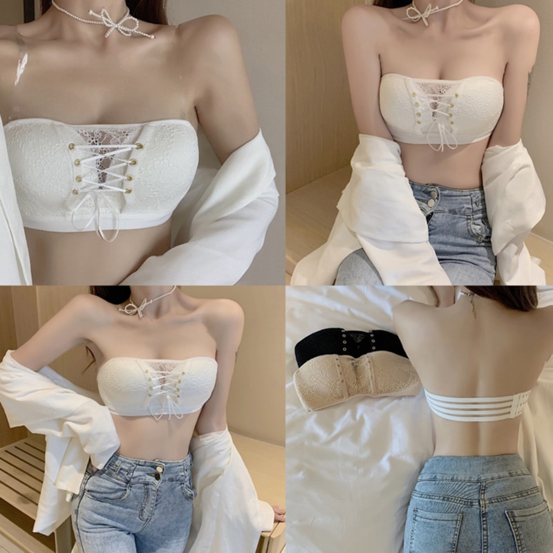 2023 Valentine's Day Sexy Summer Women Elastic Strapless Bra Lace Tube Top Bandeau Crop Tank Seamless Padded Underwear
