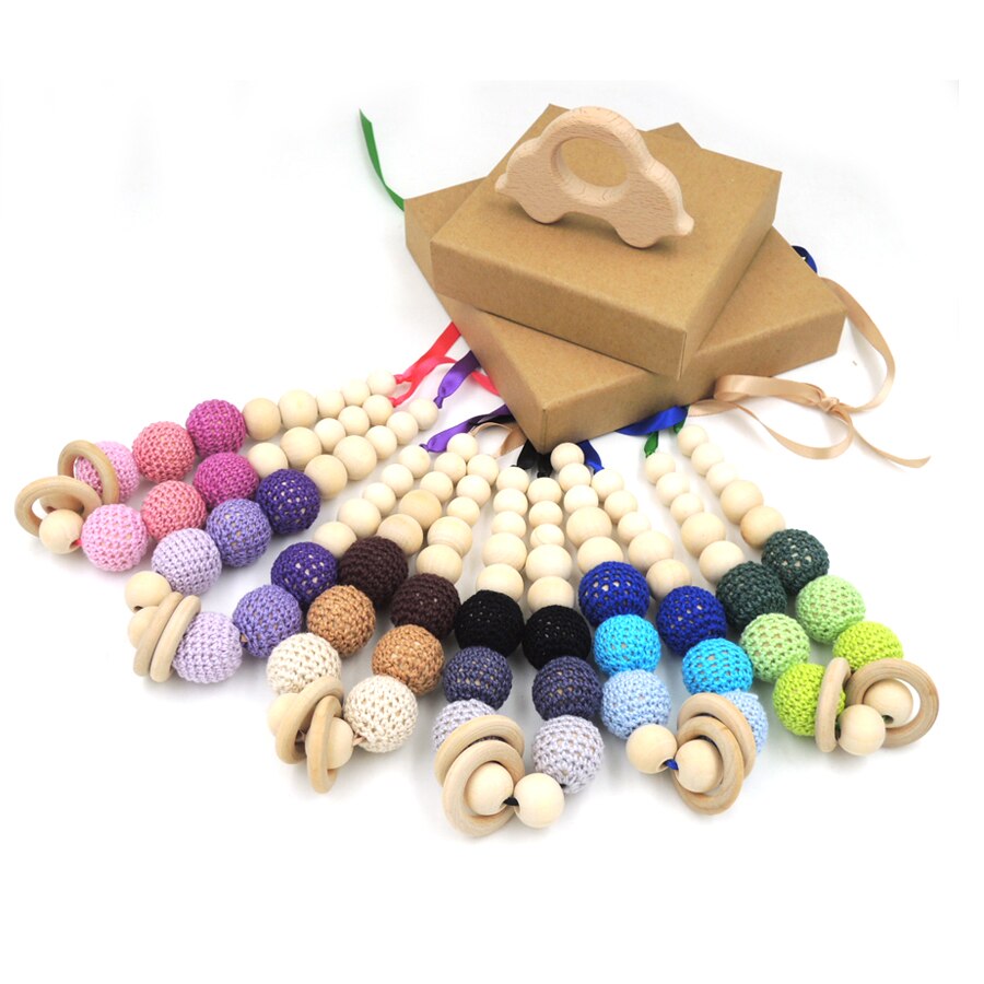 Dropshipping Food Grade Natural Round Wooden Bead and Handmade Crochet Beads Baby Teether Teething Necklace