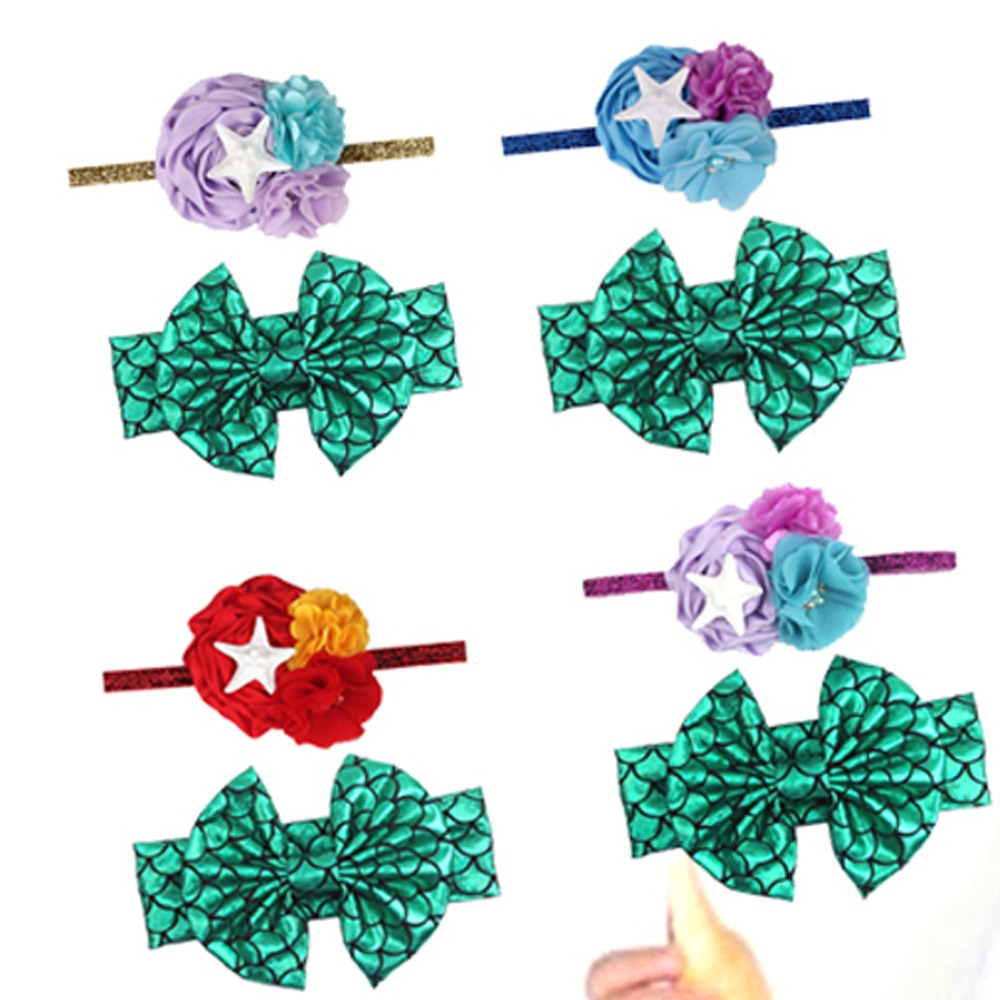 2Pcs Baby Hair Bow Headband For Girl Metallic Hairbow Children Stage Performance Accessories Cosplay Mermaid Starfish Headwear