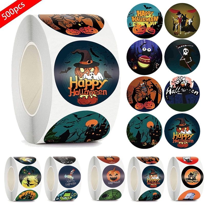 500pcs/roll Cute Halloween Stickers Sealing Labels Sticker for Halloween Party Gifts Candy Packing Horror Ghost Decor Stickers