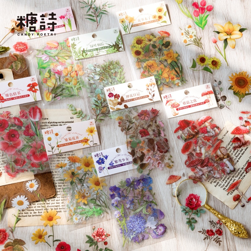 JIANWU 40Pcs Nature Flower Plant PET Sticker Bag Vintage Creative DIY Journal Scrapbooking Decoration Stickers Kawaii Stationery