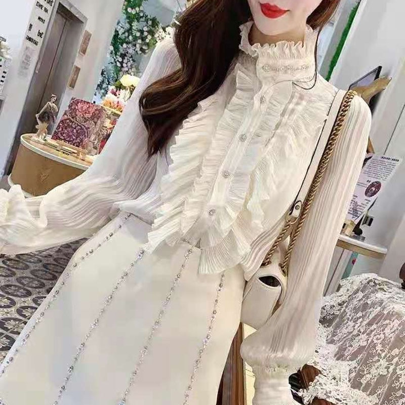 Stand Collar Pleated Chiffon Shirts Elegant Ruffle Stitching Beading Women Blouse Fashion Long Sleeve Autumn Tops Blusas 15656