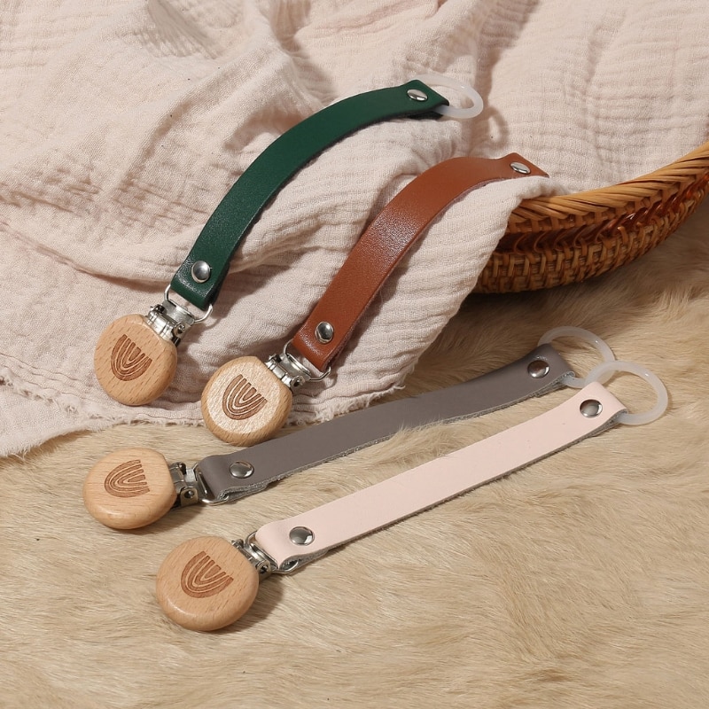 Genuine Leather Baby Pacifier Clip Chain Rainbow Soother Nipple Holder Clasps Metal Dummy Clip Feeding For Baby Product