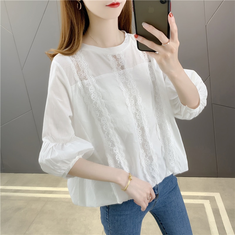 2023 20328 (room 4, Row 2, Top 5) Real Shot Round Neck Short Sleeve Lace Pullover Chiffon Shirt 35