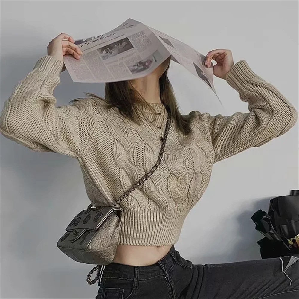 Women Casual Long Sleeve Loose Knitted Twist Sweater Fashion Warm Solid Color Crop Tops Classic Autumn Winter Pullovers 2021
