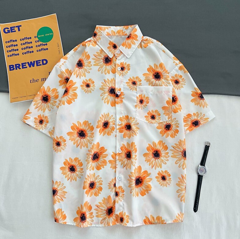 Summer loose Harajuku style casual small fresh daisy full print short-sleeved shirt women