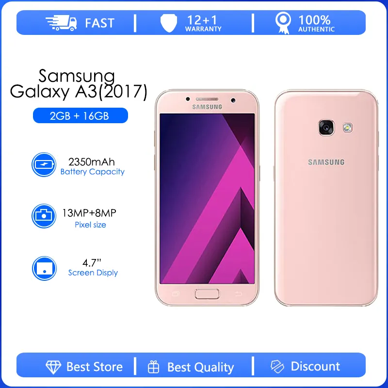 Samsung Galaxy A3 (2017) A320F Refurbished-Original Unlocked A320FL A320Y Android Wi-Fi 13.0MP 4.7'' 16GB 2GB RAM Free